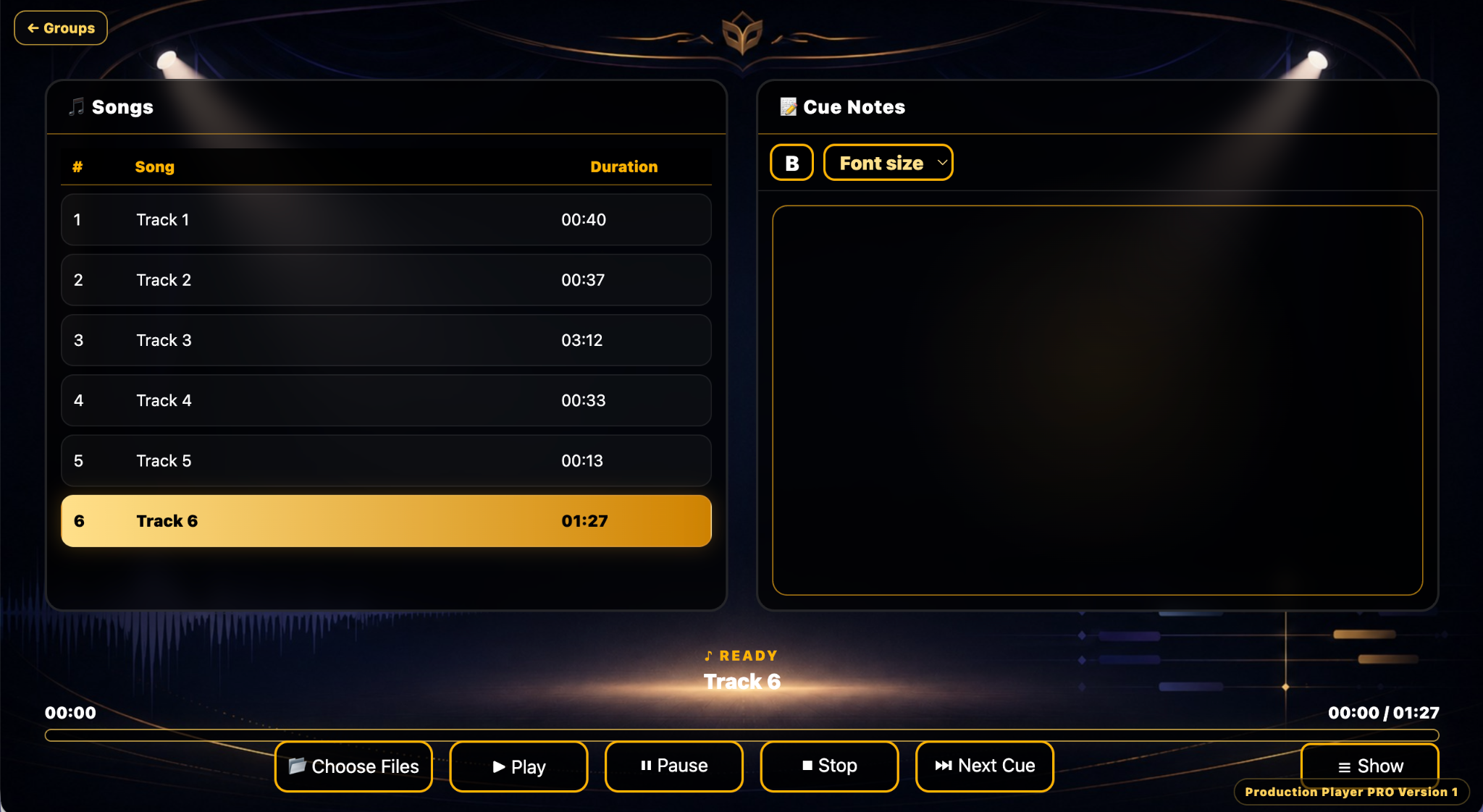 Production Player PRO player dashboard with cue controls and production information