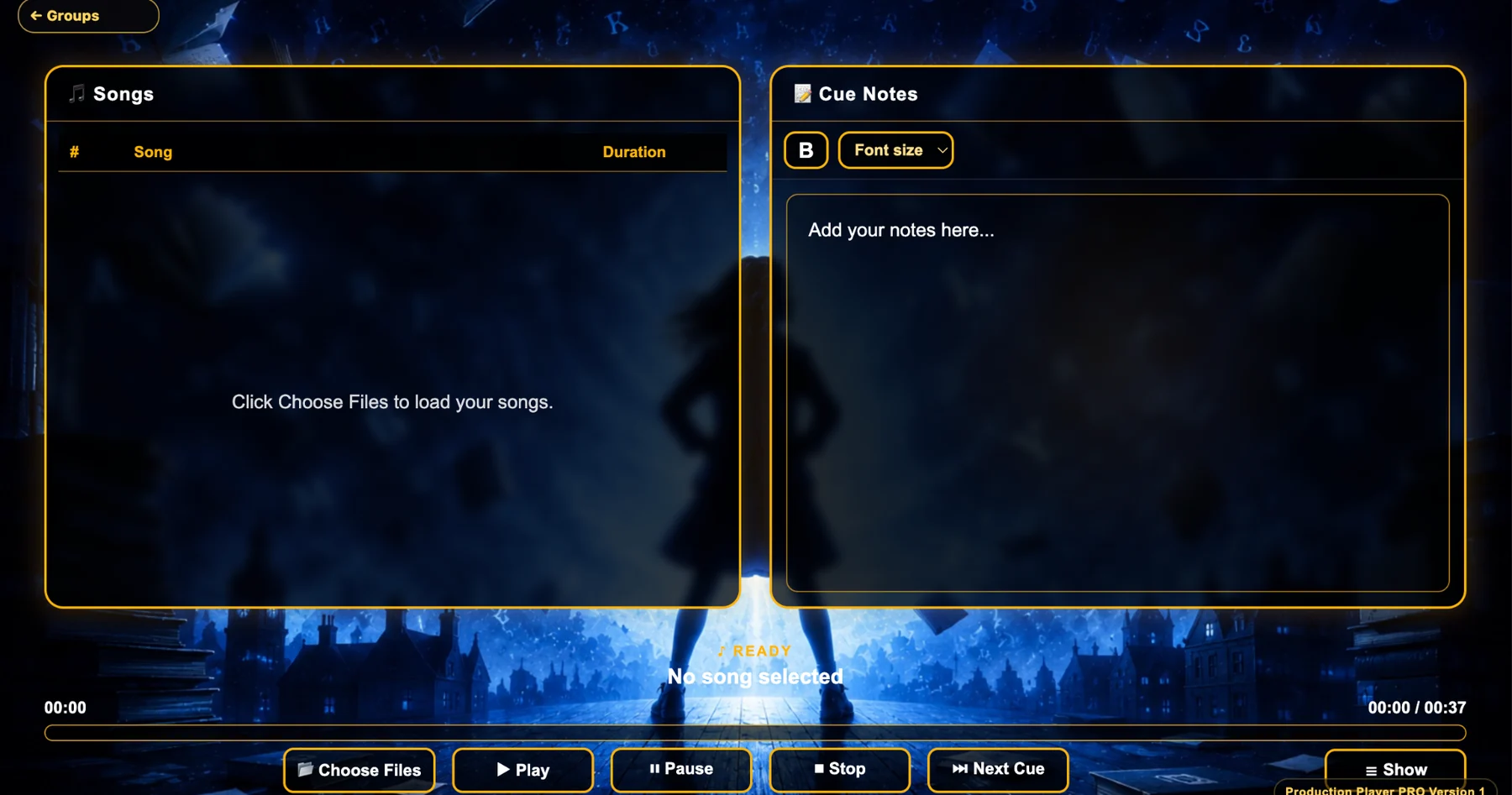 Production Player PRO cue player showing songs and cue notes